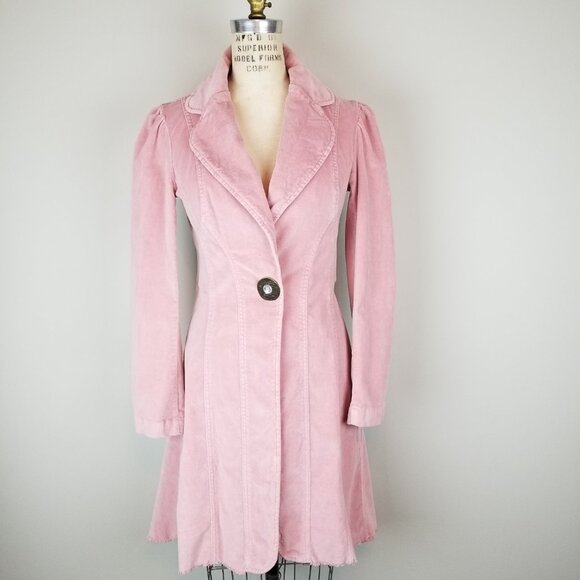 Vintage 1990's Bisou Bisou Pink Velvet Fitted Collared Puff Sleeve Long Coat * M - Picture 3 of 13